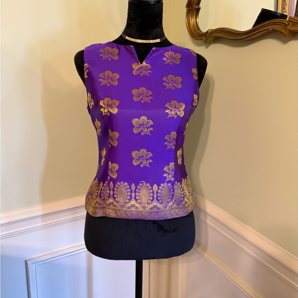 Vintage David Warren New York Purple & Gold Floral Button Back Top Size 8P